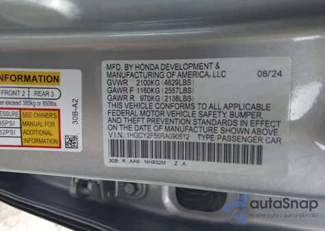 2024 Honda Accord Hybrid Sport из США, поврежденный, VIN 1HGCY2F56RA090512